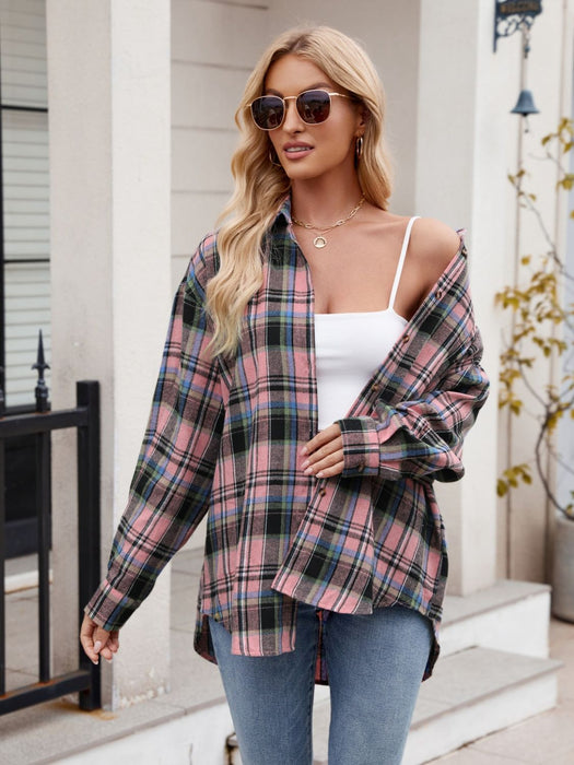 Mandy Pocketed Plaid Collared Neck Long Sleeve Shirt  Jessie Knowles