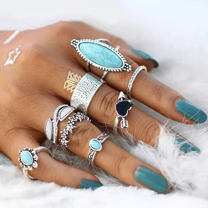 Turquoise Alloy 8-Piece Ring Set ACCESSORIES Jessie Knowles