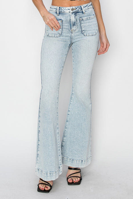 Risen Full Size High Rise Front Patch Pocket Flare Jeans  Jessie Knowles