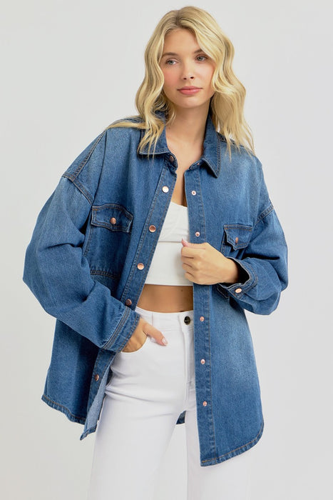 RISEN Full Size Snap Down Long Sleeve Denim Shacket  Jessie Knowles