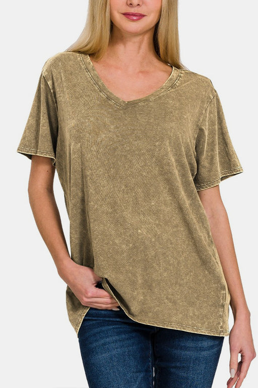 Zenana Washed Short Sleeve V-Neck T-Shirt  Jessie Knowles