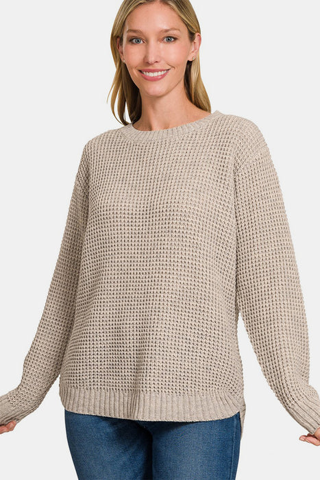 Zenana High Low Long Sleeve Waffle Sweater  Jessie Knowles