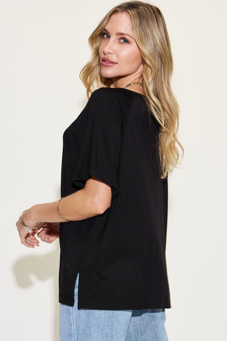 Basic Bae Full Size Bamboo Slit V-Neck Short Sleeve T-Shirt  Jessie Knowles