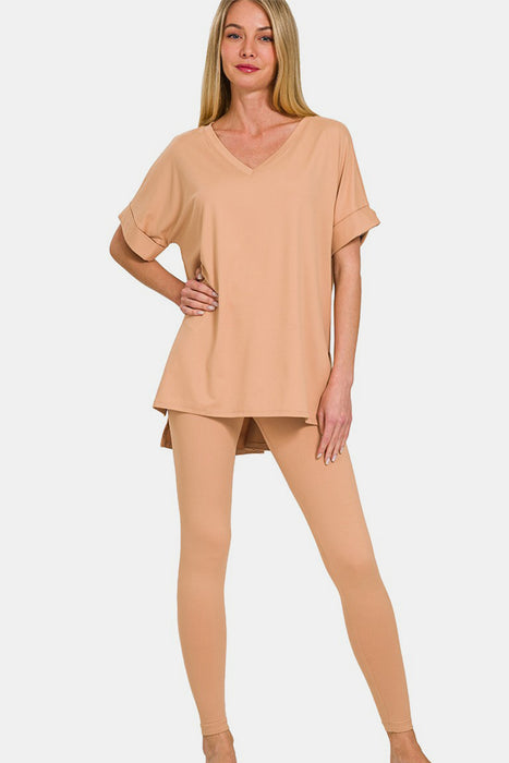 Zenana Full Size V-Neck Rolled Short Sleeve T-Shirt and Leggings Lounge Set  Jessie Knowles