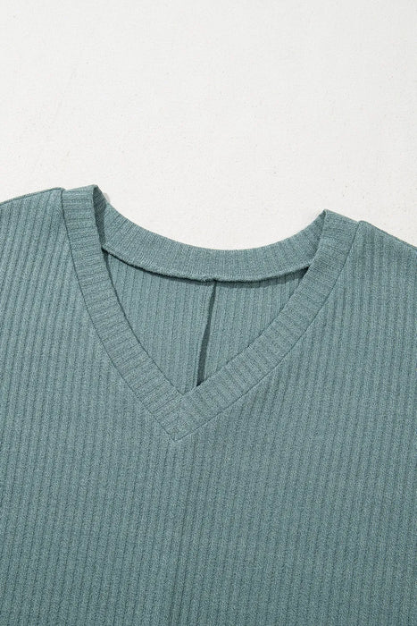 Oversized Ribbed Knit V Neck Dolman Short Sleeve Top TOPS Jessie Knowles