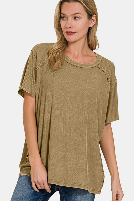 Zenana Washed Ribbed Short Sleeve Top  Jessie Knowles