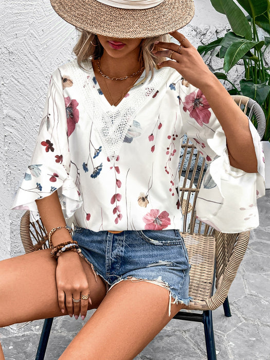 Honey Ruffled Printed V-Neck Half Sleeve Blouse  Jessie Knowles