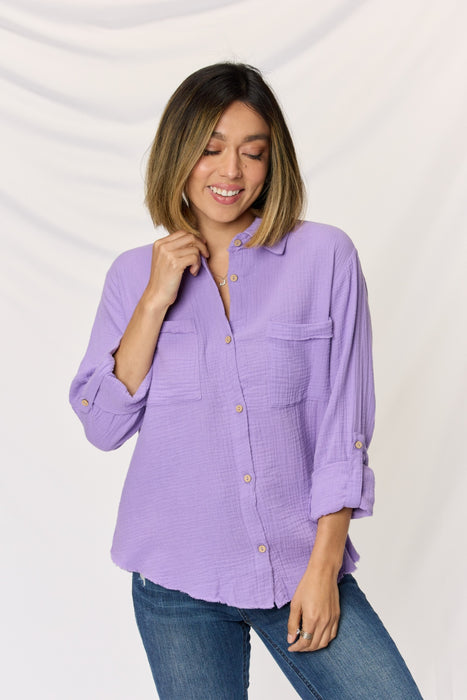 Zenana Texture Button Up Raw Hem Long Sleeve Shirt  Jessie Knowles