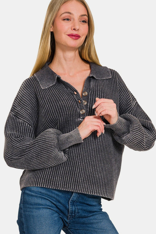 Zenana Washed Half Button Long Sleeve Sweater  Jessie Knowles