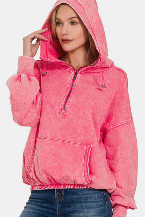 Zenana Drawstring Half Zip Dropped Shoulder Hoodie  Jessie Knowles