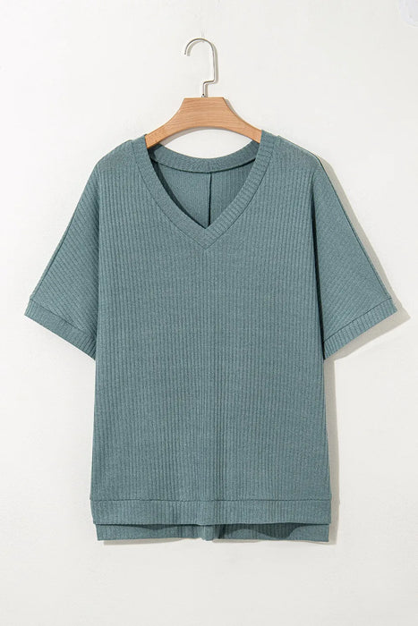 Oversized Ribbed Knit V Neck Dolman Short Sleeve Top TOPS Jessie Knowles