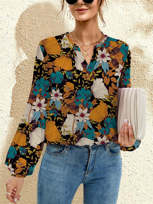 FAM-FAM Printed Notched Long Sleeve Blouse  Jessie Knowles