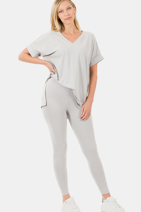 Zenana V-Neck Rolled Short Sleeve T-Shirt and Leggings Lounge Set  Jessie Knowles