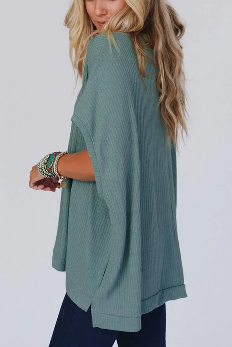 Oversized Ribbed Knit V Neck Dolman Short Sleeve Top TOPS Jessie Knowles