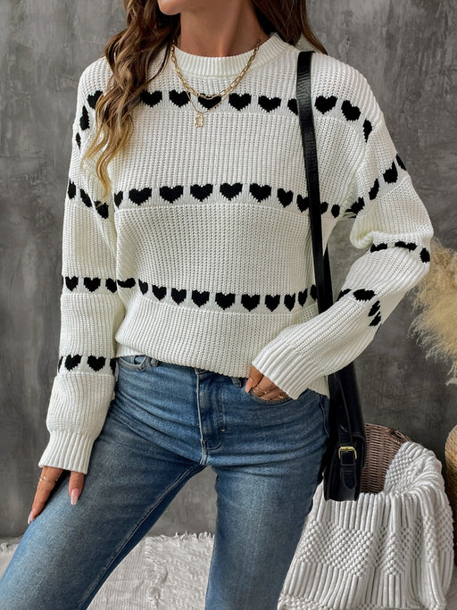 Perfee Heart Round Neck Long Sleeve Sweater  Jessie Knowles