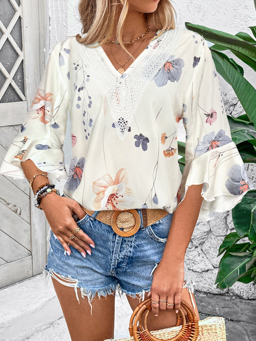 Honey Ruffled Printed V-Neck Half Sleeve Blouse  Jessie Knowles