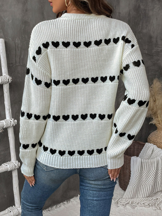 Perfee Heart Round Neck Long Sleeve Sweater  Jessie Knowles