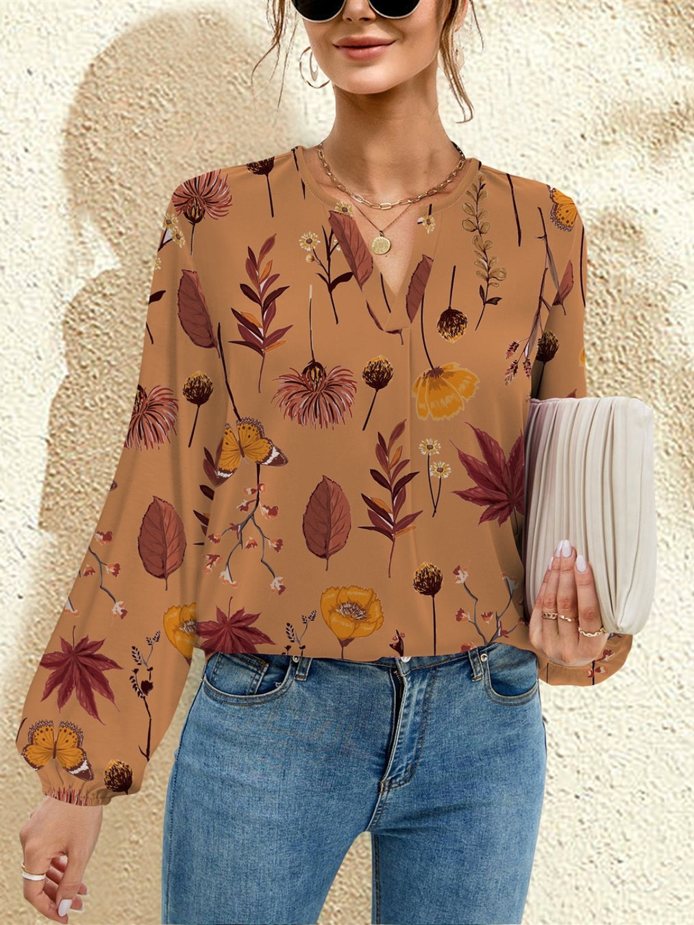 FAM-FAM Printed Notched Long Sleeve Blouse  Jessie Knowles