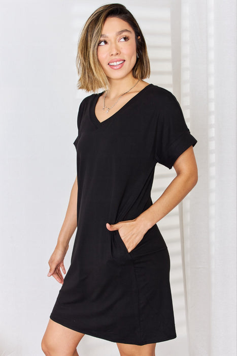 Zenana Full Size Rolled Short Sleeve V-Neck Dress  Jessie Knowles