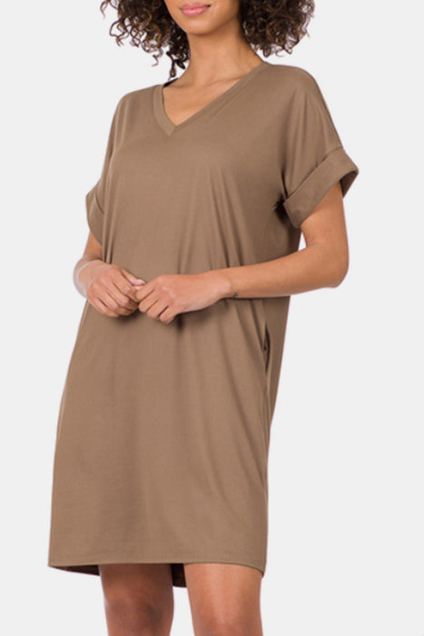 Zenana Rolled Short Sleeve V-Neck Dress  Jessie Knowles