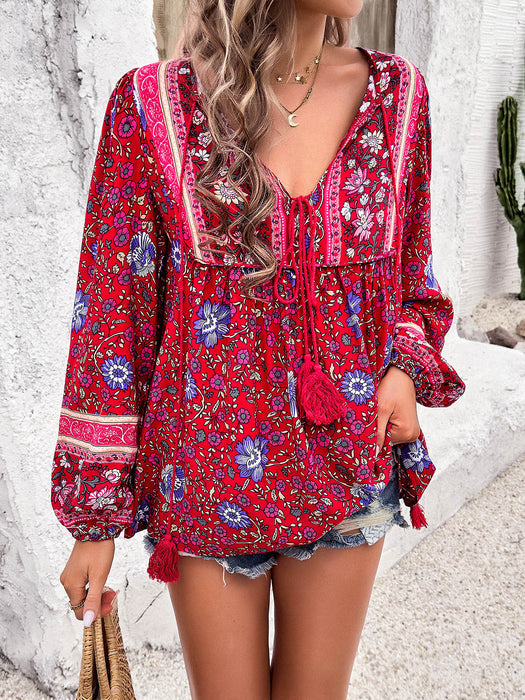 Devine Printed Tie Neck Long Sleeve Blouse  Jessie Knowles