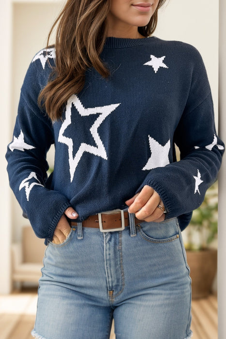 Star Round Neck Long Sleeve Sweater  Jessie Knowles