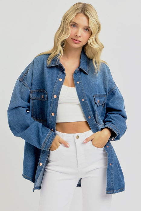 RISEN Full Size Snap Down Long Sleeve Denim Shacket  Jessie Knowles