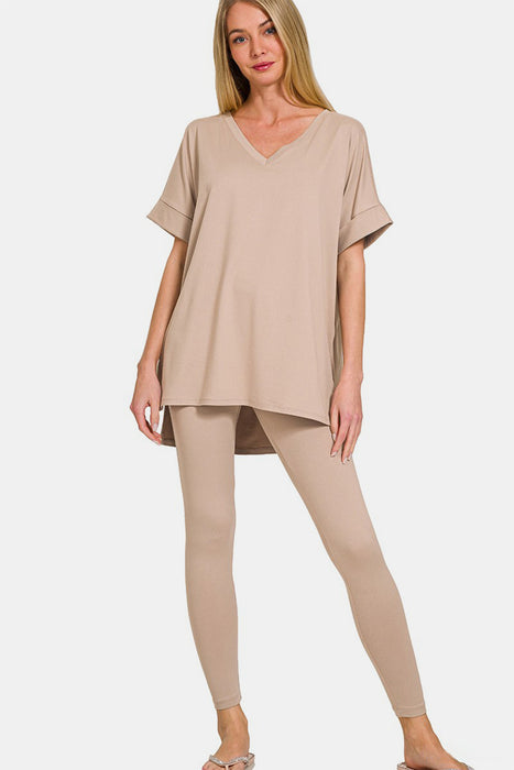 Zenana Full Size V-Neck Rolled Short Sleeve T-Shirt and Leggings Lounge Set  Jessie Knowles