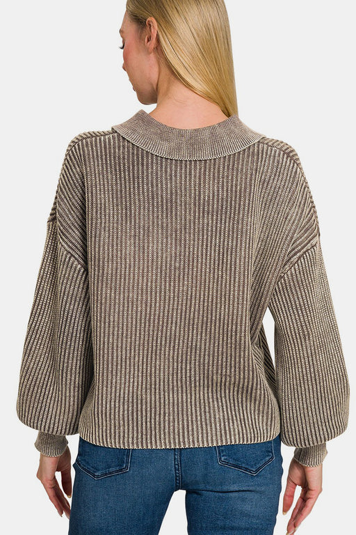 Zenana Washed Half Button Long Sleeve Sweater  Jessie Knowles