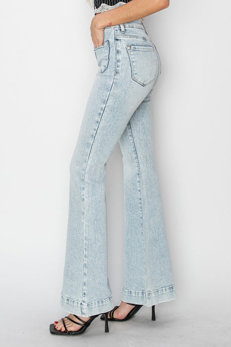 Risen Full Size High Rise Front Patch Pocket Flare Jeans  Jessie Knowles