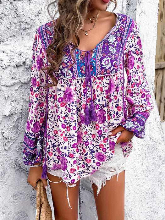 Devine Printed Tie Neck Long Sleeve Blouse  Jessie Knowles