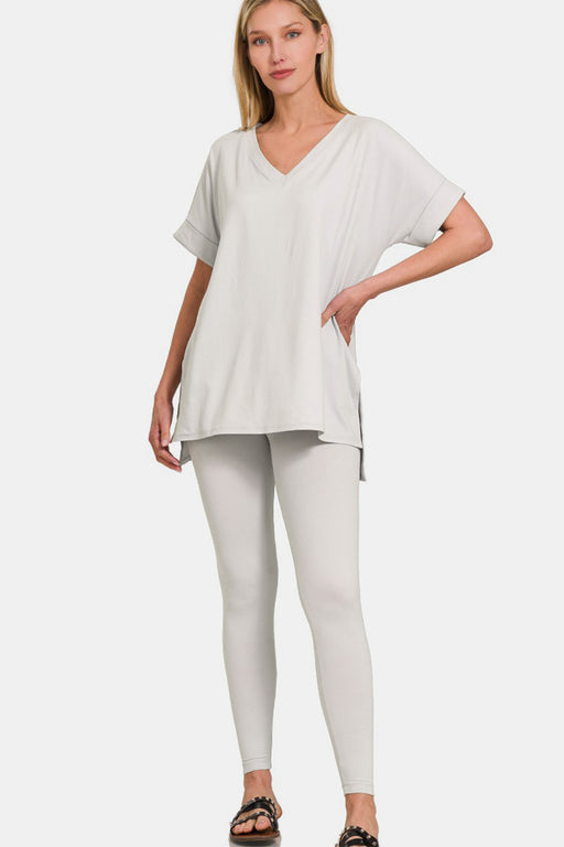 Zenana V-Neck Rolled Short Sleeve T-Shirt and Leggings Lounge Set  Jessie Knowles