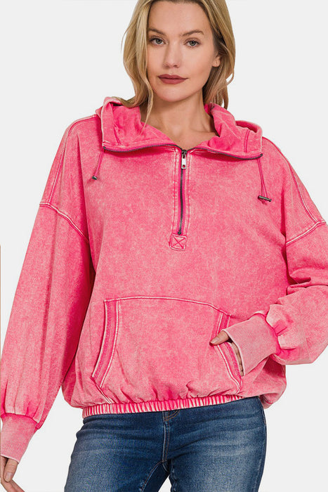 Zenana Drawstring Half Zip Dropped Shoulder Hoodie  Jessie Knowles