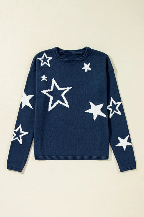 Star Round Neck Long Sleeve Sweater  Jessie Knowles