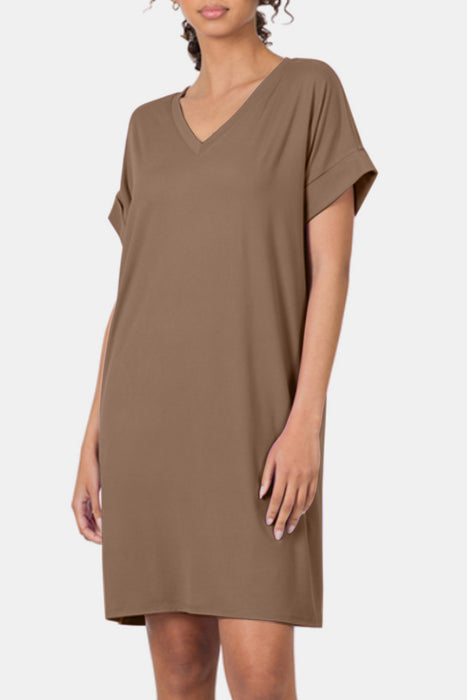 Zenana Rolled Short Sleeve V-Neck Dress  Jessie Knowles