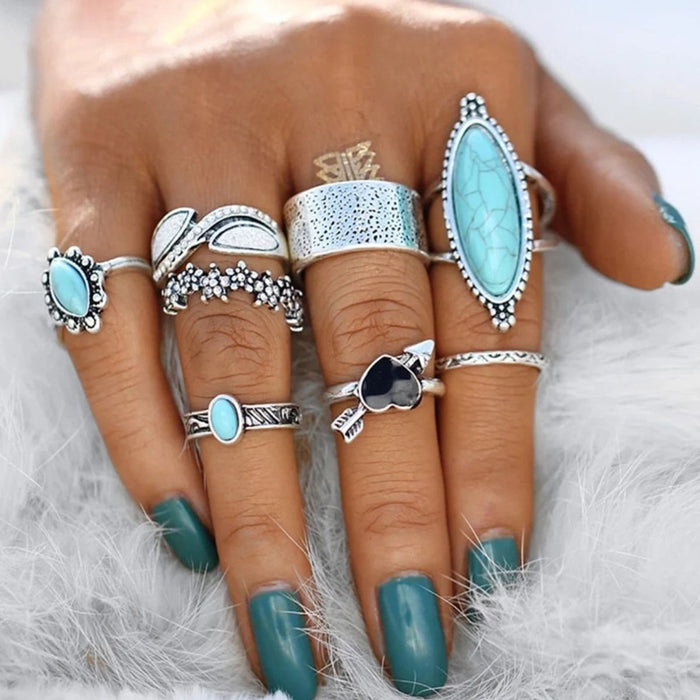 Turquoise Alloy 8-Piece Ring Set ACCESSORIES Jessie Knowles
