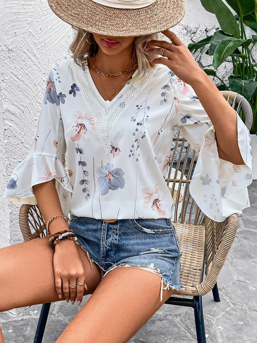 Honey Ruffled Printed V-Neck Half Sleeve Blouse  Jessie Knowles