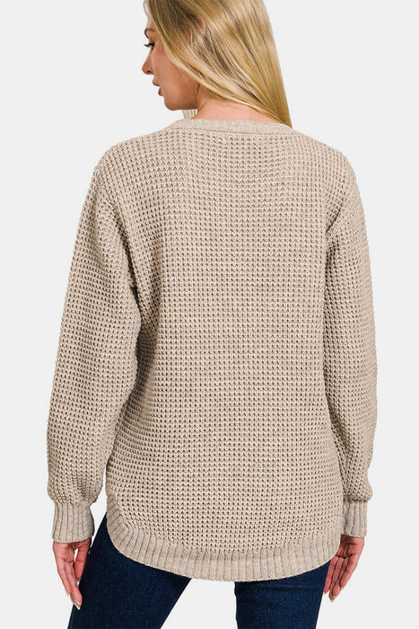 Zenana High Low Long Sleeve Waffle Sweater  Jessie Knowles