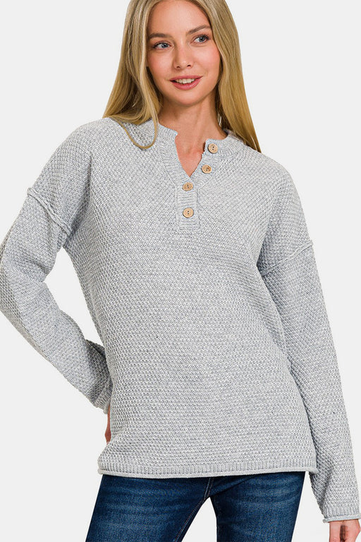 Zenana Button Closure Drop Shoulder Sweater  Jessie Knowles