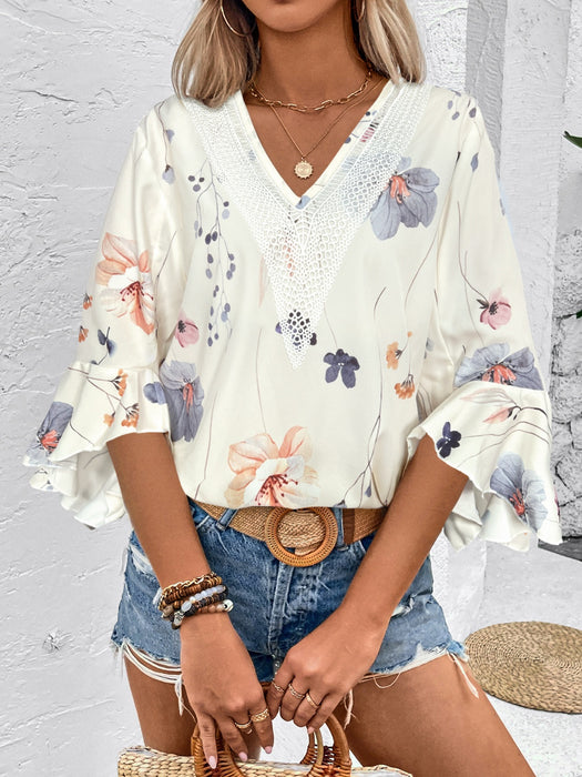 Honey Ruffled Printed V-Neck Half Sleeve Blouse  Jessie Knowles