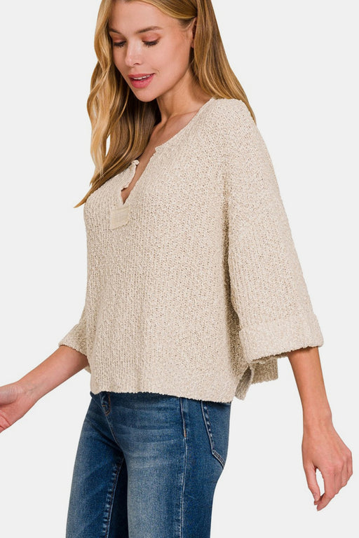 Zenana Notched Side Slit Patch Sweater  Jessie Knowles