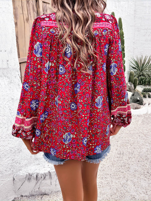 Devine Printed Tie Neck Long Sleeve Blouse  Jessie Knowles