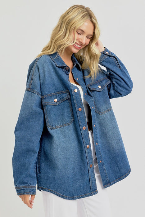 RISEN Full Size Snap Down Long Sleeve Denim Shacket  Jessie Knowles