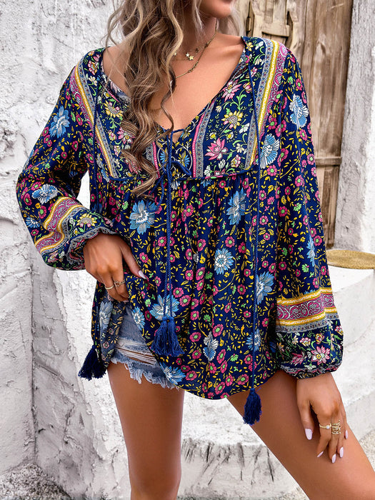 Devine Printed Tie Neck Long Sleeve Blouse  Jessie Knowles