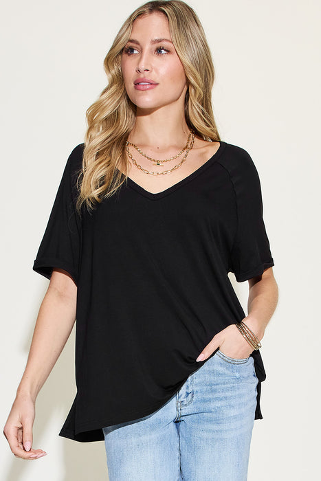 Basic Bae Full Size Bamboo Slit V-Neck Short Sleeve T-Shirt  Jessie Knowles