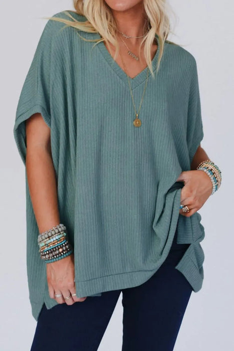 Oversized Ribbed Knit V Neck Dolman Short Sleeve Top TOPS Jessie Knowles