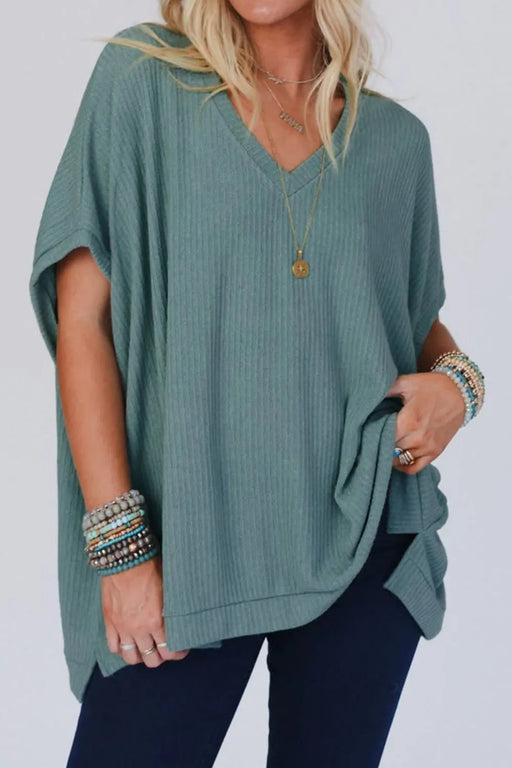 Oversized Ribbed Knit V Neck Dolman Short Sleeve Top TOPS Jessie Knowles