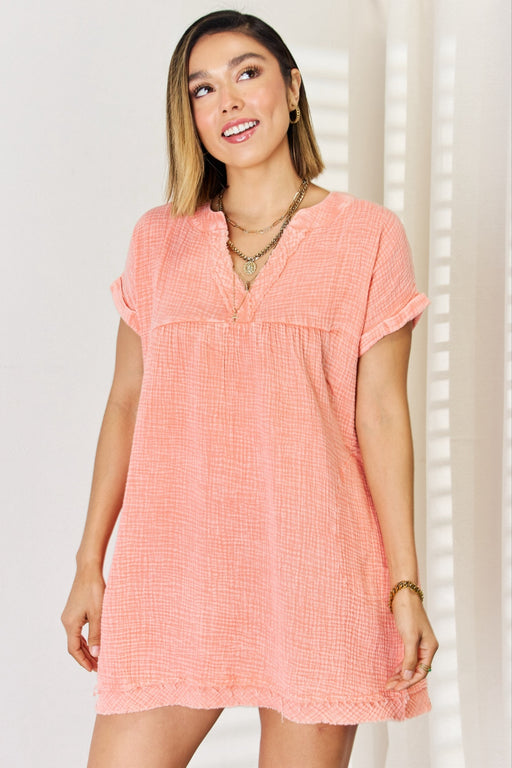 Zenana Washed Nochted Rolled Short Sleeve Dress  Jessie Knowles