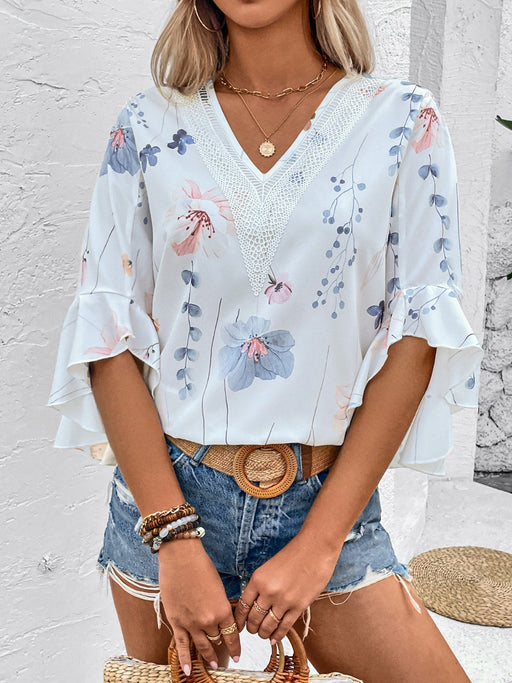 Honey Ruffled Printed V-Neck Half Sleeve Blouse  Jessie Knowles