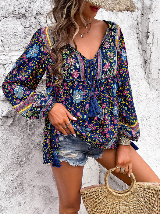 Devine Printed Tie Neck Long Sleeve Blouse  Jessie Knowles